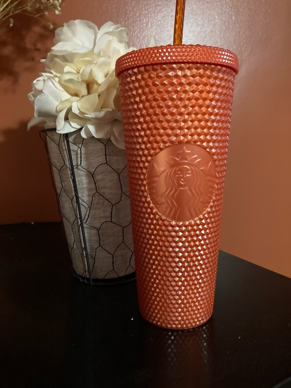 Starbucks Coral Orange Studded Tumbler with Matching Straw